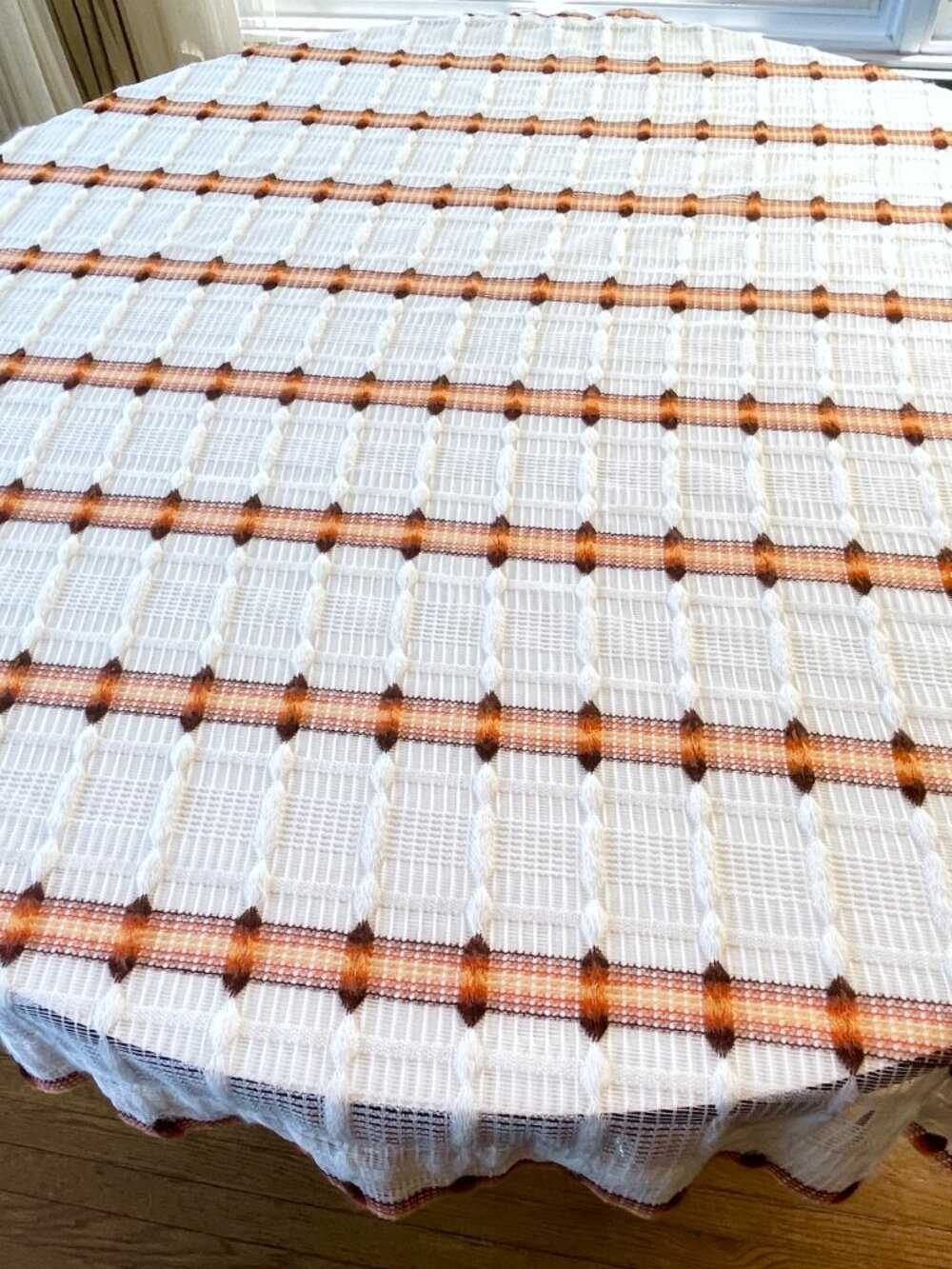 Vintage 1970s curtain, white orange yellow stripes, fluffy mesh, single panel